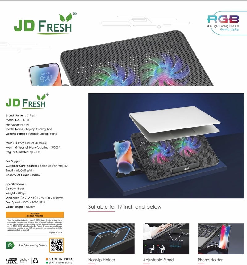 JD FRESH وسادة تبريد للكمبيوتر المحمول من مع حامل هاتف محمول ومروحة تبريد كبيرة هادئة واحدة، حامل تبريد للكمبيوتر المحمول مع 7 مستويات ارتفاع قابلة للتعديل، للكمبيوتر المحمول 17 15.6 14 13 12 بوصة، منفذا USB - Image 5
