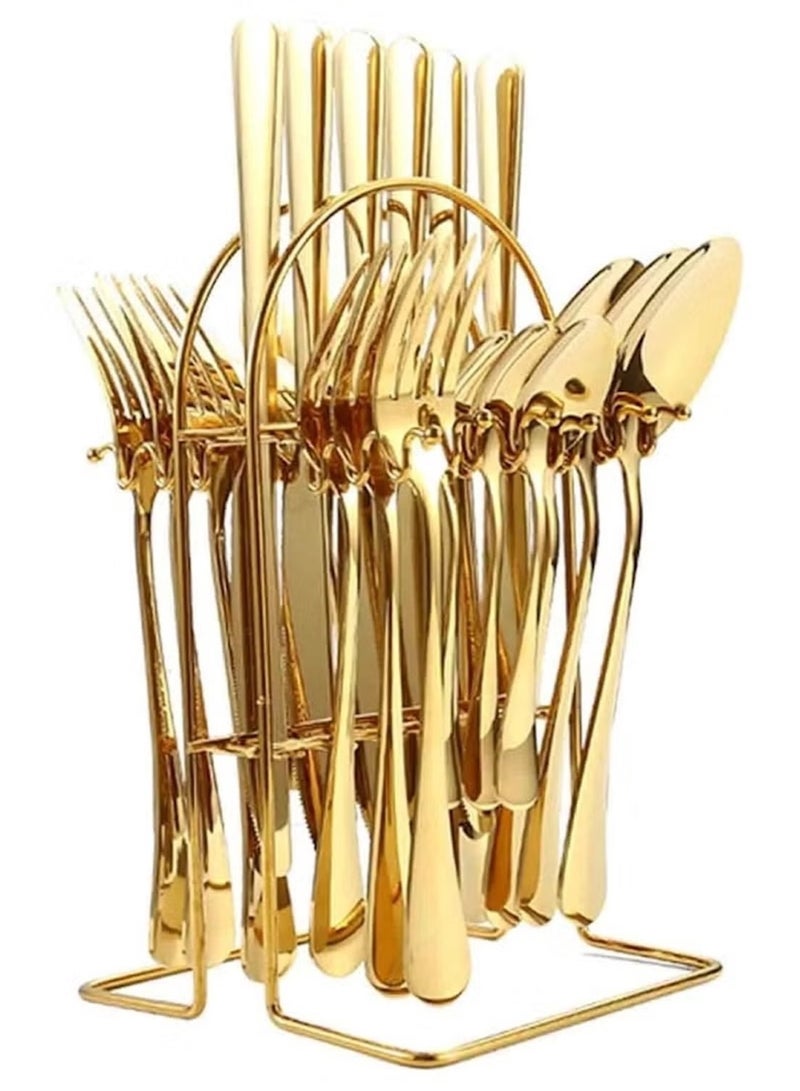 Huitich 24-Piece Stainless Steel Cutlery Set with Stand – Gold Finish - Image 2