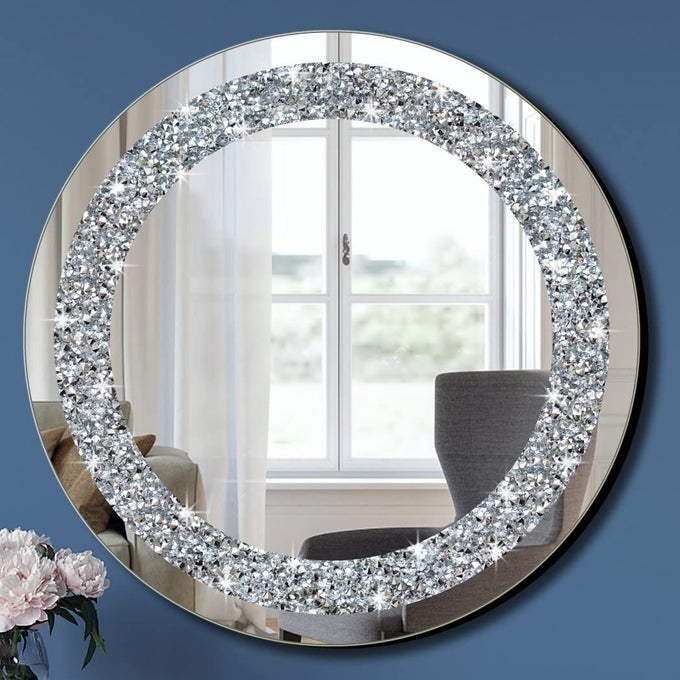 CRYSTAL CRUSH DIAMOND SPARKLY ROUND SILVER MIRROR FOR WALL DECORATION 20X20X1 INCH WALL HANG FRAMELESS BLING STYLISH GORGEOUS GLAM MIRROR VANITY HOME DECOR