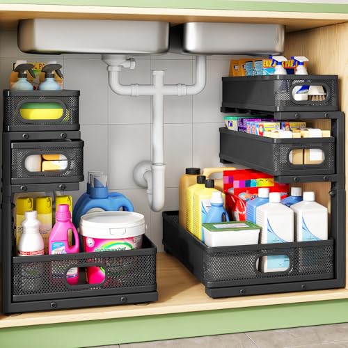 Kitstorack Under Sink Organizer, 2-Pack 3-Tier Height Adjustable Thickened Metal Pull out Cabinet Organizer Shelf, Slide out Storage Drawer Rack for Bathroom Kitchen Pantry Home Laundry Organization - Image 1