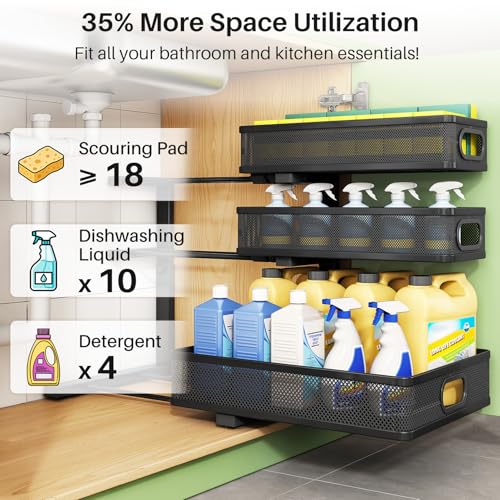 Kitstorack Under Sink Organizer, 2-Pack 3-Tier Height Adjustable Thickened Metal Pull out Cabinet Organizer Shelf, Slide out Storage Drawer Rack for Bathroom Kitchen Pantry Home Laundry Organization - Image 5