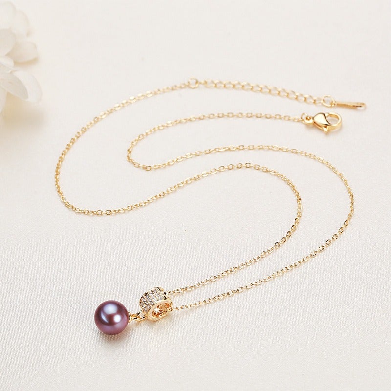 Meijiasi 9mm Edison Freshwater Pearl Pendant Necklace for Women, Round Pearl with Zircon on Gold-Plated Copper Chain, White/Pink/Purple, 45cm