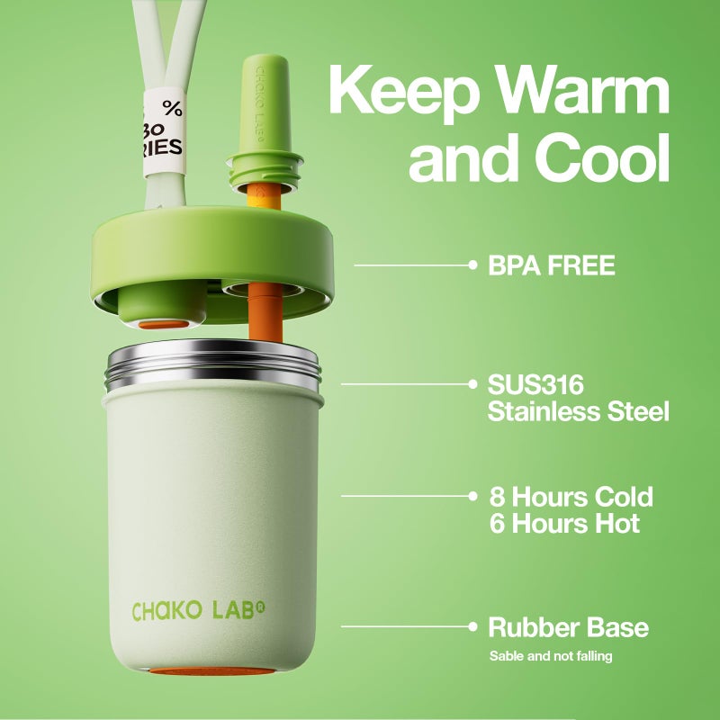 CHAKO LAB Kids Water Bottle with Carrying Rope and Straps | Vacuum Insulated Stainless Steel 16oz for School and Trvels | Two Travel Carrying Options | Matcha Green - Image 2