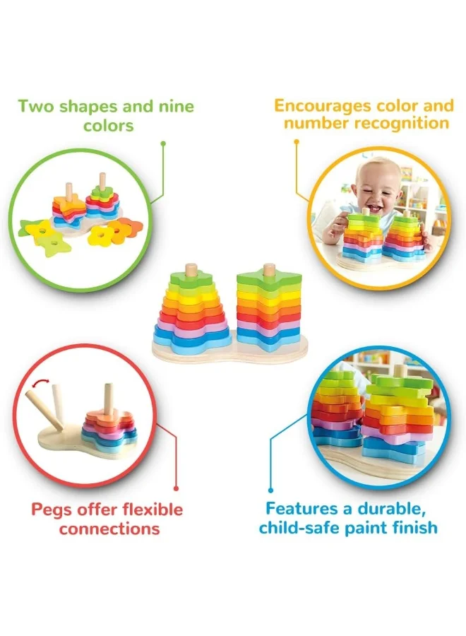 Hape Double Rainbow Stacker Playset| Wooden Stacking And Sorting Block Building Toy For Kids, Early Education Toy For Kids, 19 Pcs Stacker Playset, Multicolor, Ages 1 Year+