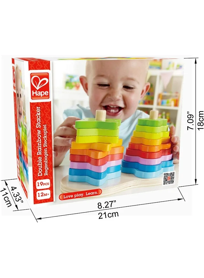 Hape Double Rainbow Stacker Playset| Wooden Stacking And Sorting Block Building Toy For Kids, Early Education Toy For Kids, 19 Pcs Stacker Playset, Multicolor, Ages 1 Year+