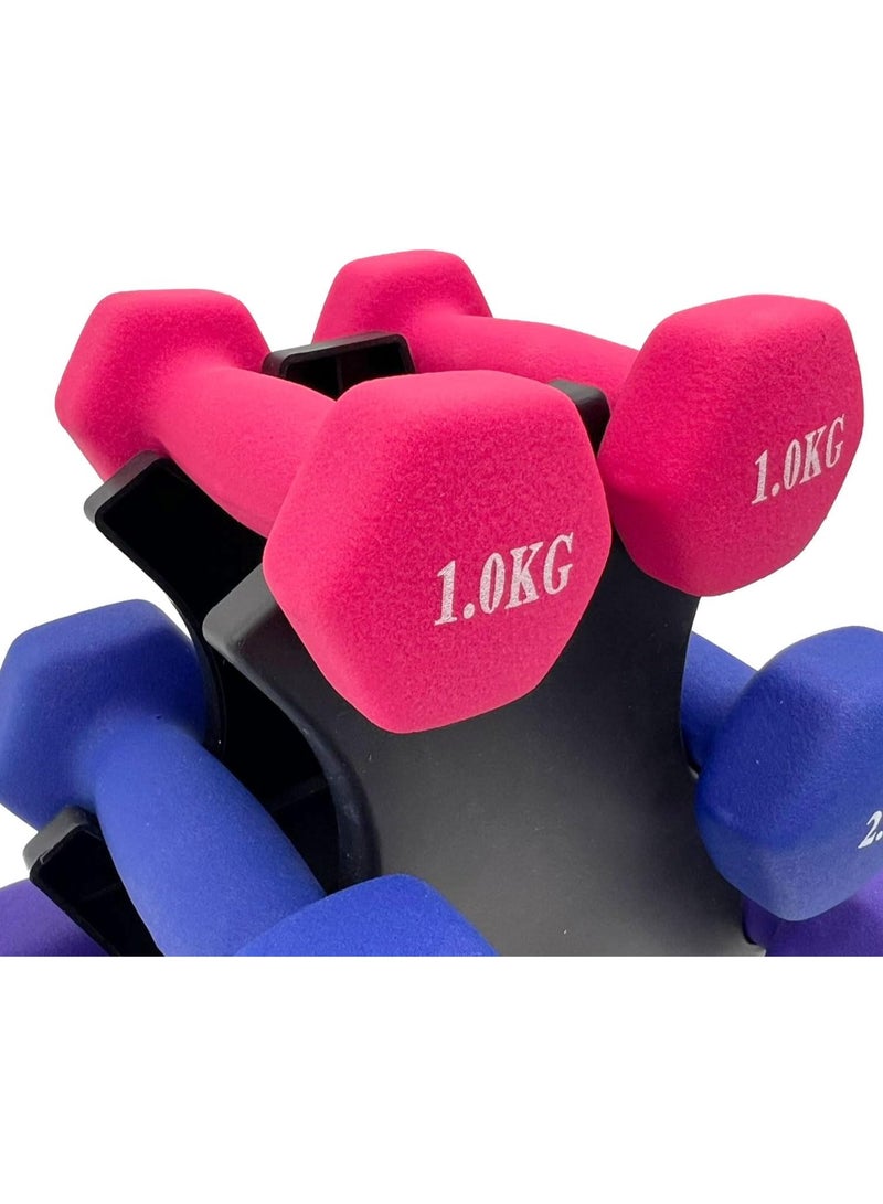 سكاي لاند مجموعة رفوف دمبل SKY LAND مع دمبلين سداسيين من النيوبرين بوزن 1 كجم (وردي)، ودمبلين بوزن 2 كجم (أزرق)، ودمبلين بوزن 3 كجم (أرجواني) - معدات رياضية منزلية بوزن 12 كجم، وأوزان يدوية مضادة للتدحرج لتدريب القوة واللياقة البدنية - EM-9373-12 - Image 5