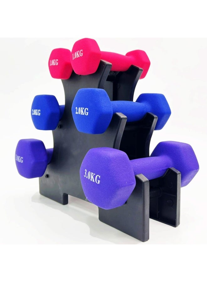 سكاي لاند مجموعة رفوف دمبل SKY LAND مع دمبلين سداسيين من النيوبرين بوزن 1 كجم (وردي)، ودمبلين بوزن 2 كجم (أزرق)، ودمبلين بوزن 3 كجم (أرجواني) - معدات رياضية منزلية بوزن 12 كجم، وأوزان يدوية مضادة للتدحرج لتدريب القوة واللياقة البدنية - EM-9373-12 - Image 1