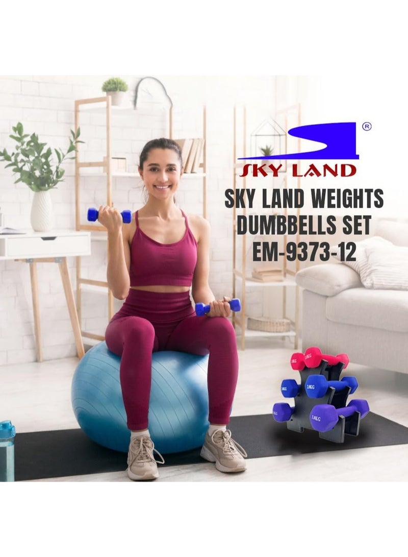 سكاي لاند مجموعة رفوف دمبل SKY LAND مع دمبلين سداسيين من النيوبرين بوزن 1 كجم (وردي)، ودمبلين بوزن 2 كجم (أزرق)، ودمبلين بوزن 3 كجم (أرجواني) - معدات رياضية منزلية بوزن 12 كجم، وأوزان يدوية مضادة للتدحرج لتدريب القوة واللياقة البدنية - EM-9373-12 - Image 2