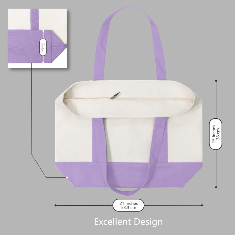 TOPDesign 1-Pack Canvas Tote Bag with an External Pocket, Reusable Grocery Shopping Bag, Top Zipper Closure, Daily Essentials (Lavender/Natural) - Image 5