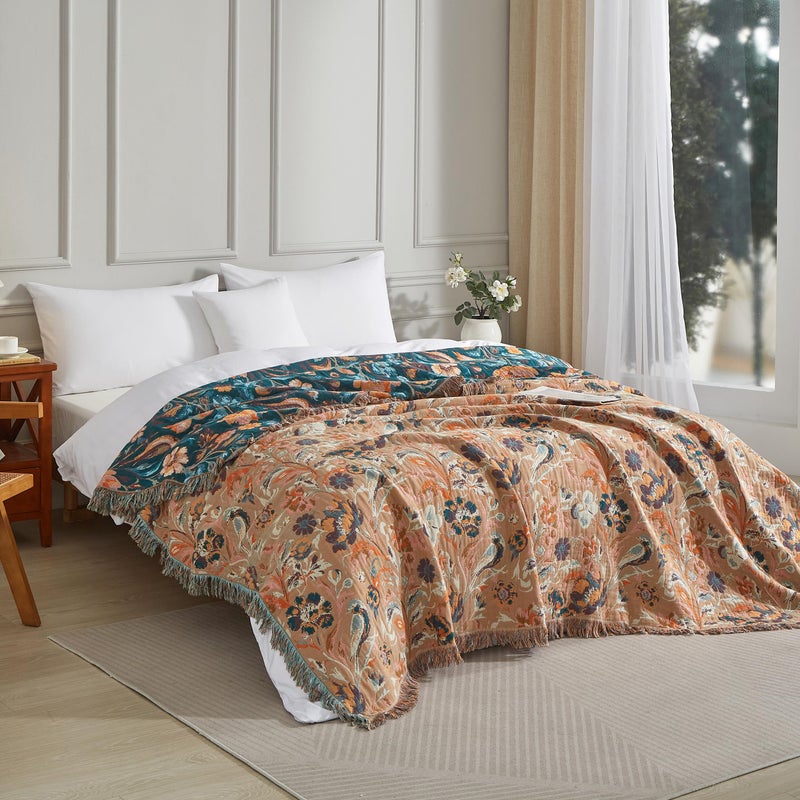 SE SOFTEXLY Boho Throw Blanket for Bed 60â€x80â€, 100% Cotton Woven Blanket for Couch Sofa, Ultra Soft 4-Layer Muslin Quilt with Floral Printed, Farmhouse Bed Blanket/Cover for Living Room Decor - Image 3