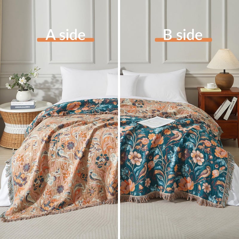 SE SOFTEXLY Boho Throw Blanket for Bed 60â€x80â€, 100% Cotton Woven Blanket for Couch Sofa, Ultra Soft 4-Layer Muslin Quilt with Floral Printed, Farmhouse Bed Blanket/Cover for Living Room Decor - Image 2