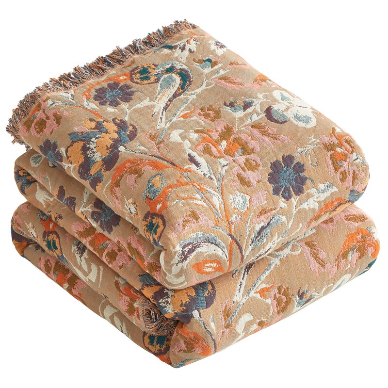 SE SOFTEXLY Boho Throw Blanket for Bed 60â€x80â€, 100% Cotton Woven Blanket for Couch Sofa, Ultra Soft 4-Layer Muslin Quilt with Floral Printed, Farmhouse Bed Blanket/Cover for Living Room Decor - Image 1