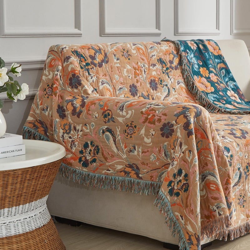SE SOFTEXLY Boho Throw Blanket for Bed 60â€x80â€, 100% Cotton Woven Blanket for Couch Sofa, Ultra Soft 4-Layer Muslin Quilt with Floral Printed, Farmhouse Bed Blanket/Cover for Living Room Decor - Image 5