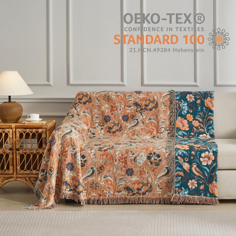 SE SOFTEXLY Boho Throw Blanket for Bed 60â€x80â€, 100% Cotton Woven Blanket for Couch Sofa, Ultra Soft 4-Layer Muslin Quilt with Floral Printed, Farmhouse Bed Blanket/Cover for Living Room Decor - Image 4