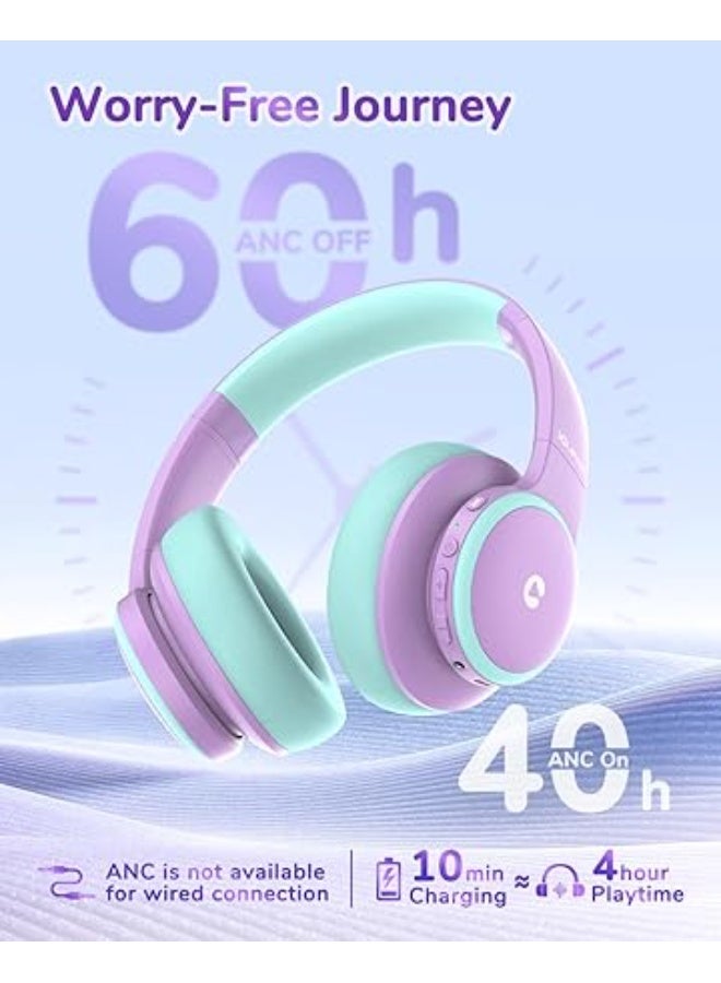 iClever r BTH26 Active Noise Cancelling Headphones for Kids, 60H Play Time, Safe Volume 80dBA, Type C Fast Charging, Bluetooth5.4, Kids Bluetooth Headphones with Mic AUX Cord for iPad Airplane - Image 3