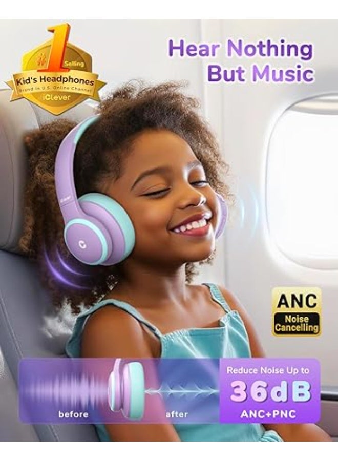 iClever r BTH26 Active Noise Cancelling Headphones for Kids, 60H Play Time, Safe Volume 80dBA, Type C Fast Charging, Bluetooth5.4, Kids Bluetooth Headphones with Mic AUX Cord for iPad Airplane - Image 4