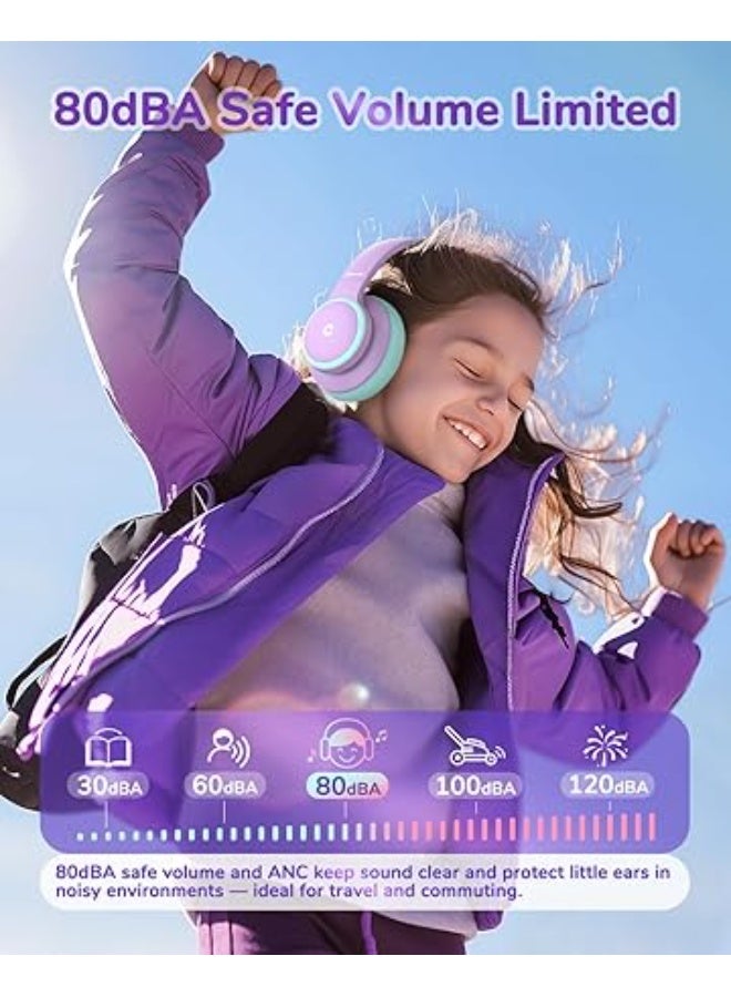 iClever r BTH26 Active Noise Cancelling Headphones for Kids, 60H Play Time, Safe Volume 80dBA, Type C Fast Charging, Bluetooth5.4, Kids Bluetooth Headphones with Mic AUX Cord for iPad Airplane - Image 2