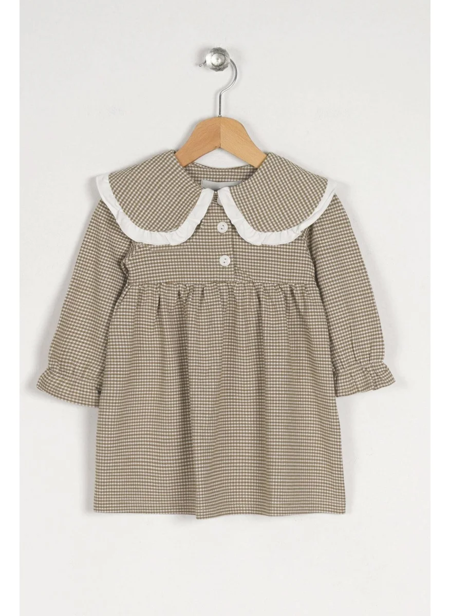 Zepkids Baby Collar Long Sleeve Plaid Baby Collar Buttoned Light Beige Color Girl's Dress