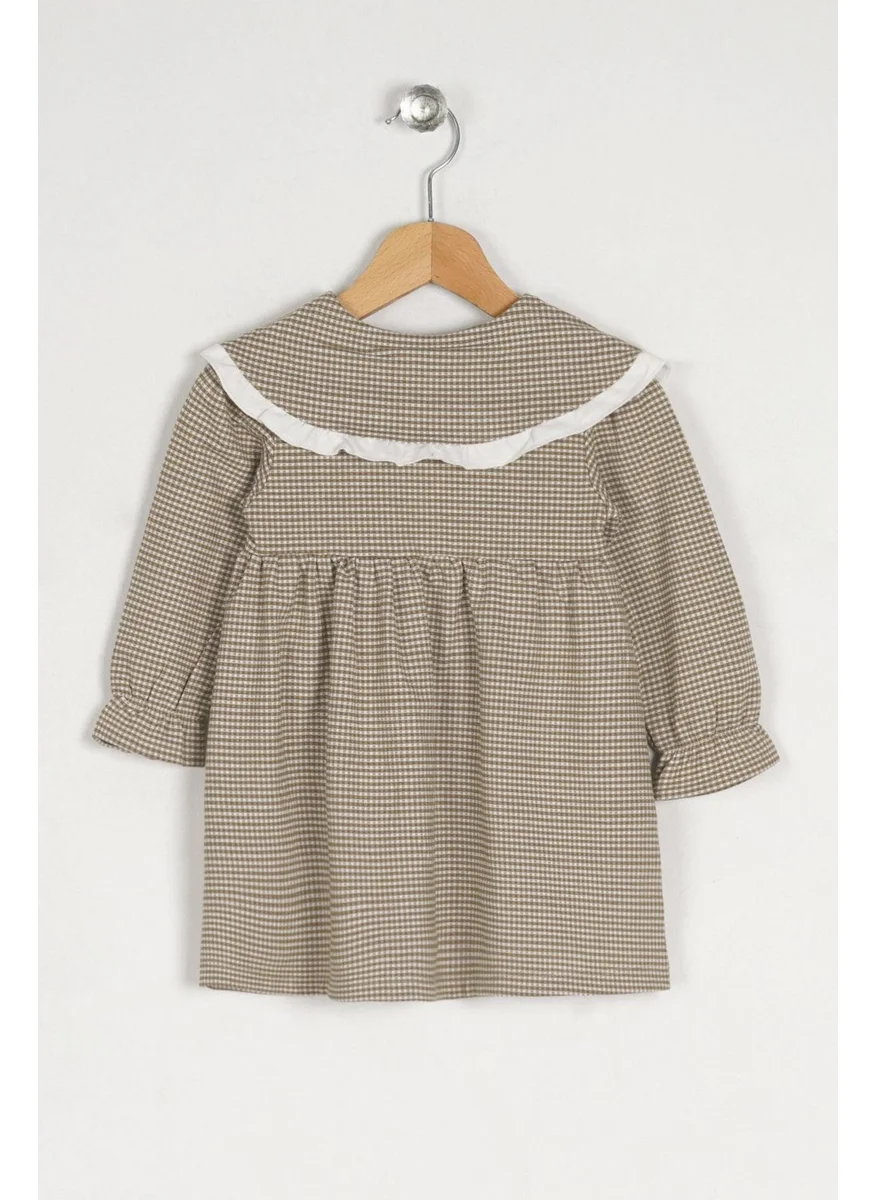 Zepkids Baby Collar Long Sleeve Plaid Baby Collar Buttoned Light Beige Color Girl's Dress
