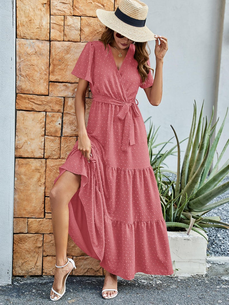 MASCOMODA Women Boho Swiss Dot Maxi Dresses Wrap V Neck Flutter Short Sleeve Solid Tie Waist A Line Tiered Flowy Long Dress(Pink,Small) - Image 2
