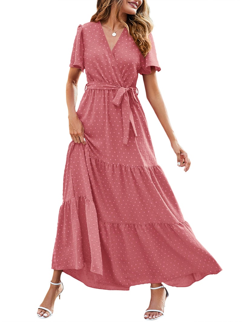 MASCOMODA Women Boho Swiss Dot Maxi Dresses Wrap V Neck Flutter Short Sleeve Solid Tie Waist A Line Tiered Flowy Long Dress(Pink,Small) - Image 1