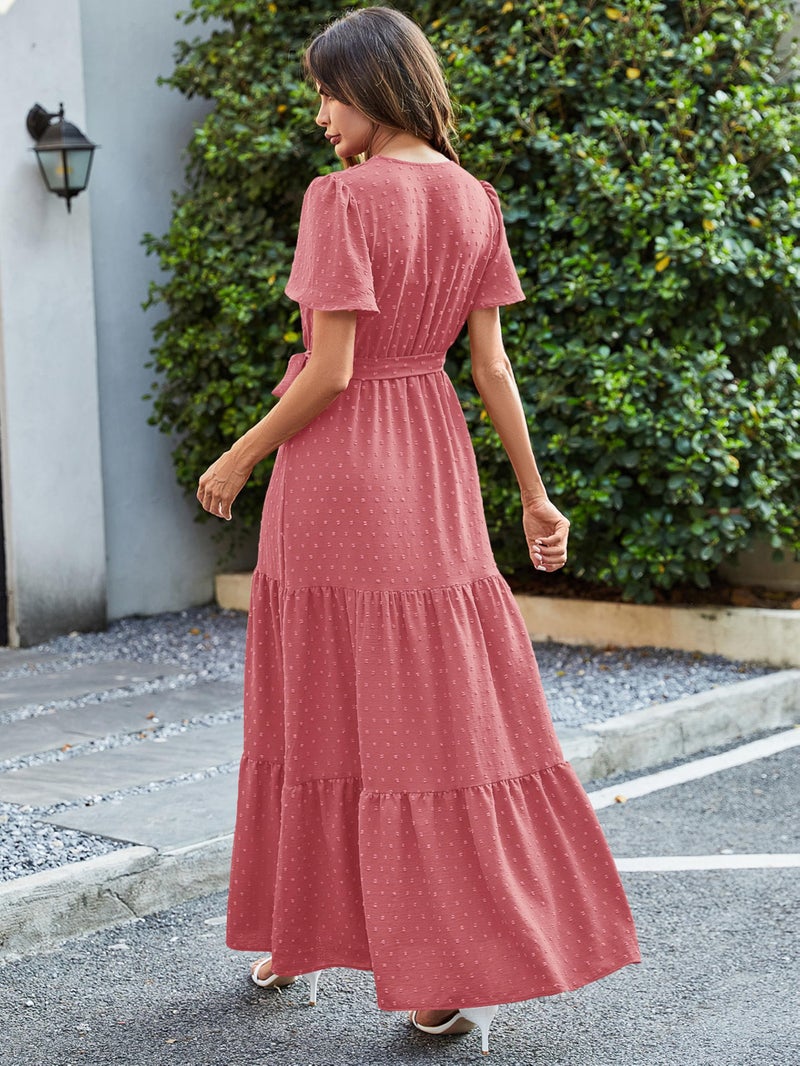 MASCOMODA Women Boho Swiss Dot Maxi Dresses Wrap V Neck Flutter Short Sleeve Solid Tie Waist A Line Tiered Flowy Long Dress(Pink,Small) - Image 5