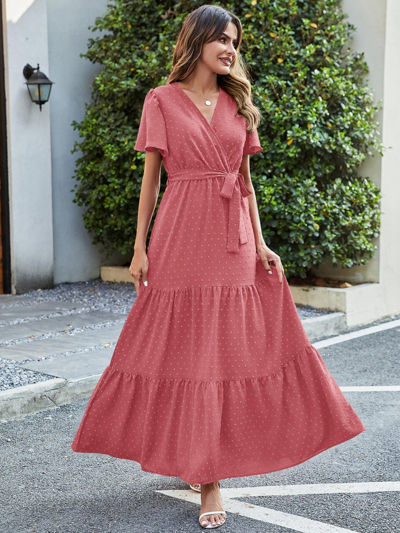 MASCOMODA Women Boho Swiss Dot Maxi Dresses Wrap V Neck Flutter Short Sleeve Solid Tie Waist A Line Tiered Flowy Long Dress(Pink,Small) - Image 4
