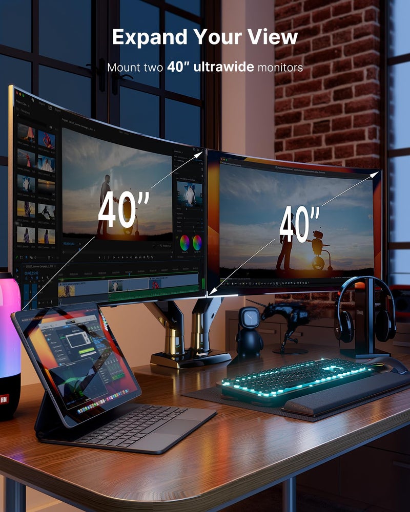 HUANUO Dual Monitor Stand for 13 to 40 inch, Premium Dual Monitor Mount with USB, Height Adjustable Monitor Stand for 2 Monitors, VESA Mount with Clamp/Grommet Base, Each Arm Hold up to 26.4lbs, Black - Image 2