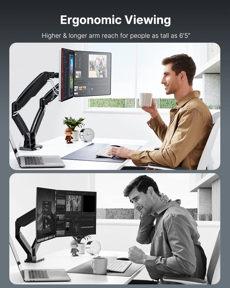 HUANUO Dual Monitor Stand for 13 to 40 inch, Premium Dual Monitor Mount with USB, Height Adjustable Monitor Stand for 2 Monitors, VESA Mount with Clamp/Grommet Base, Each Arm Hold up to 26.4lbs, Black - Image 4