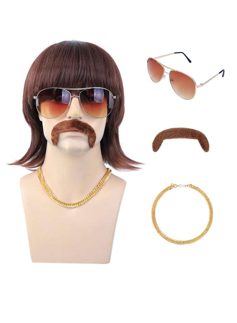 كابتن تيك 5pcs Set, 70s 80s Disco Wig with Mustache Glasses and Chain, Short Brown Men's Mullet Wig for 60s Singer Rocker Hippies Costume Cosplay Party - Image 1