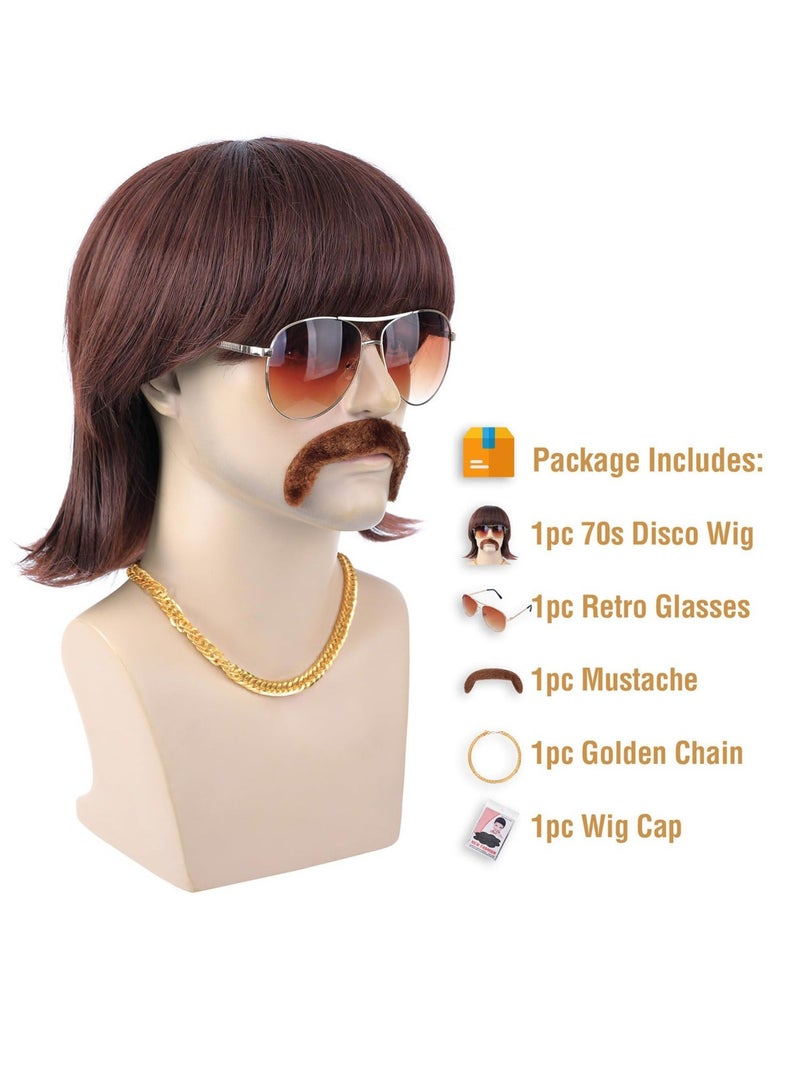 كابتن تيك 5pcs Set, 70s 80s Disco Wig with Mustache Glasses and Chain, Short Brown Men's Mullet Wig for 60s Singer Rocker Hippies Costume Cosplay Party - Image 4