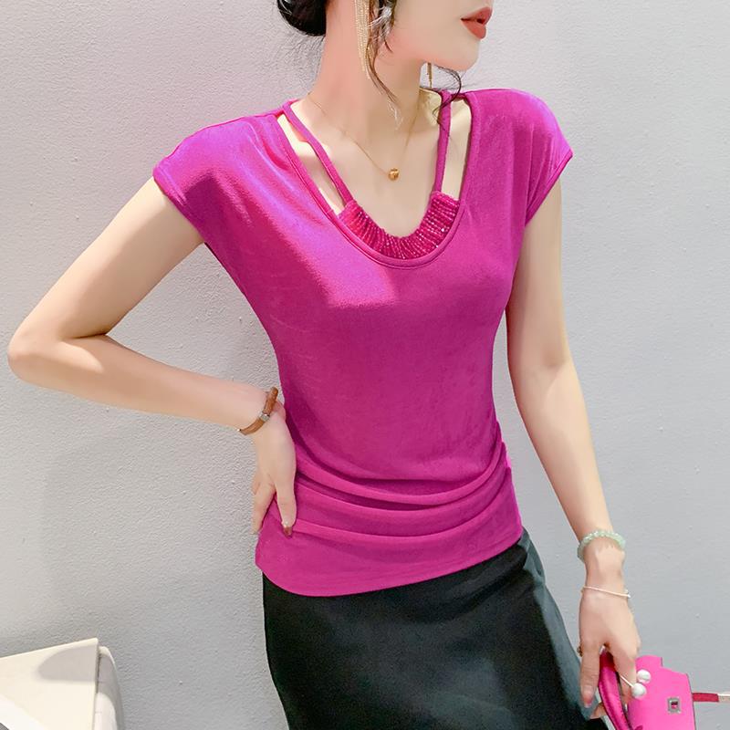 European Spring Round Neck Fashion Slim Fit Pleated Handmade Beaded Sleeveless T-Shirt Women'S Trendy Hair - Image 1