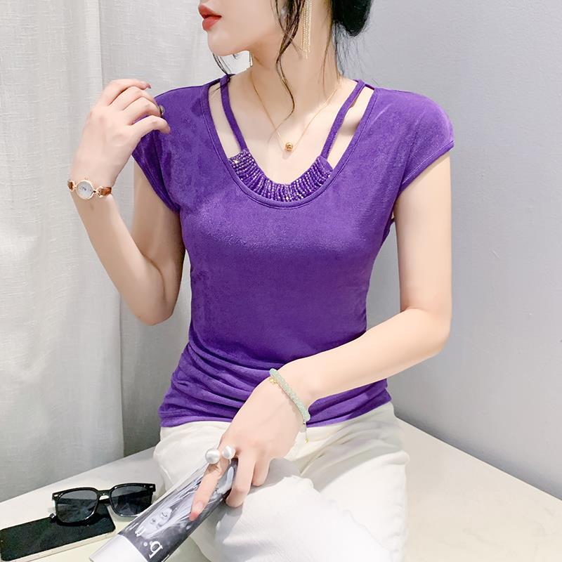European Spring Round Neck Fashion Slim Fit Pleated Handmade Beaded Sleeveless T-Shirt Women'S Trendy Hair - Image 2