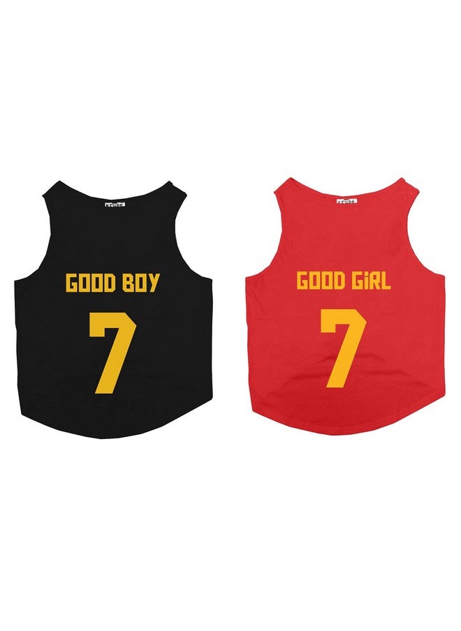 rusepin - Set Of 2 Good Boy & Good Girl Jersey No.7 Printed Round Neck Sleeveless Dog Vest Tank T-Shirt/Tees Apparel/Clothes/Tees Combo Gift For Dogs(Black/Red) Medium (Chubby Pugs, Beagle Etc.) - Image 1