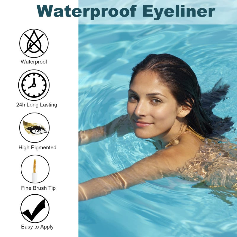 Rosarden Glitter Eyeliner Liquid, Gold Shimmer Eyeliner, Long-lasting Waterproof Quick-Drying Metallic Shimmer Glitter Liner, Ultra-Fine Tip Sparkle Eye liner for Multi Dimensional Eye Makeup - Image 3