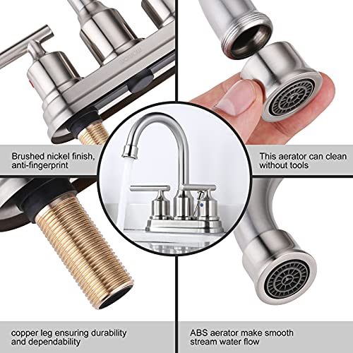 WOWOW 4 Inch Bathroom Faucet 3 Hole Brushed Nickel Bathroom Sink Faucet Centeret Basin Faucet 2 Handle RV Sink Tap Modern Vanity Taps with Drain and Hose - Image 3