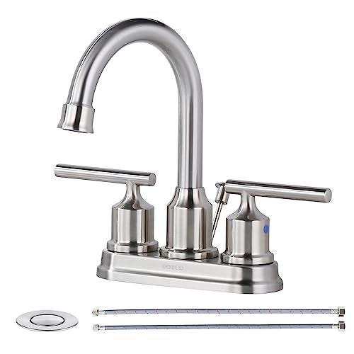 WOWOW 4 Inch Bathroom Faucet 3 Hole Brushed Nickel Bathroom Sink Faucet Centeret Basin Faucet 2 Handle RV Sink Tap Modern Vanity Taps with Drain and Hose - Image 1