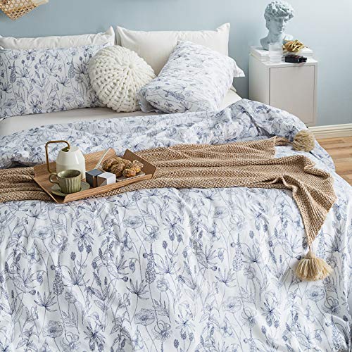 SUSYBAO Blue White Floral Duvet Cover Queen 100% Cotton 3 Pcs Set 1 Garden Navy Blue Flower Duvet Cover with Zipper Ties 2 Pillowcases Farmhouse Navy Botanical Bedding Set Soft Breathable - Image 2