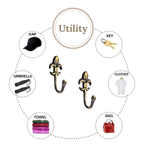 FAPBADRI Multipurpose Hooks, Used to Hang Clothes, Bags, Coats, Curtain Hold Backs, Keys, Colour - Antique Gold, Material - Brass, Royal Design, Screws and Wallplugs Included, Pack of 2 Pieces - Image 4