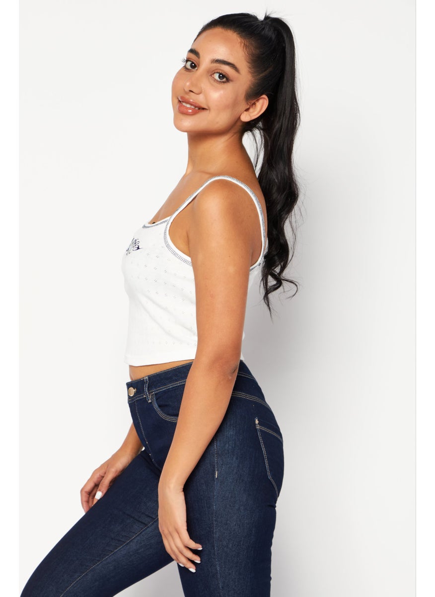 X-Girl Women Round Neck Sleeveless Embroidered Tank Top, White  - Image 3