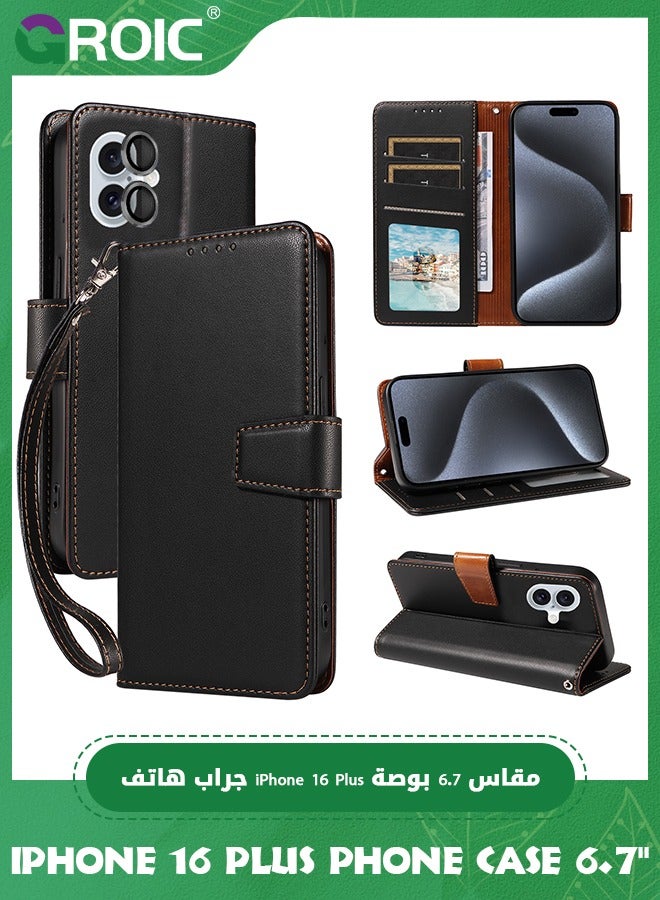 GROIC حافظة لجهاز آيفون 16 بلس 6.7 إنش مع غلاف واقي عدسة الكاميرا، حافظة محفظة قابلة للطي مع قاعدة خلفية وحماية من RFID لبطاقات الائتمان، حافظة مضادة للصدمات مع حماية كاملة - Image 1