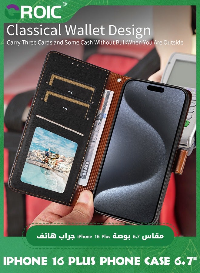 GROIC حافظة لجهاز آيفون 16 بلس 6.7 إنش مع غلاف واقي عدسة الكاميرا، حافظة محفظة قابلة للطي مع قاعدة خلفية وحماية من RFID لبطاقات الائتمان، حافظة مضادة للصدمات مع حماية كاملة - Image 4