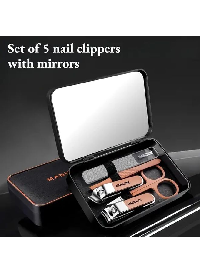 Brown Mirror Nail Clippers 5 Piece Set Professional Manicure Kit With Stainless Steel Blades - Image 1