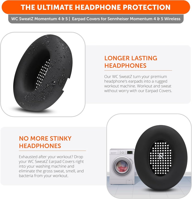 WC SweatZ Momentum 4 - Patented Earpad Covers for Sennheiser Momentum 4 Wireless Over Ear Headphones by Wicked Cushions | Sweatproof & Easily Washable | Black - Image 5