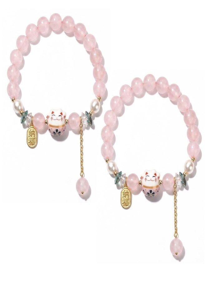 Bmpzery 2 Pcs Feng Shui Bracelet,Good Luck Bracelet Jewelry Decoration with Beads and Cat Pendant,Protection Bracelets for Women,Gifts for Women Birthday and Festival Jewelry Bracelets Decorations(Pink) - Image 1