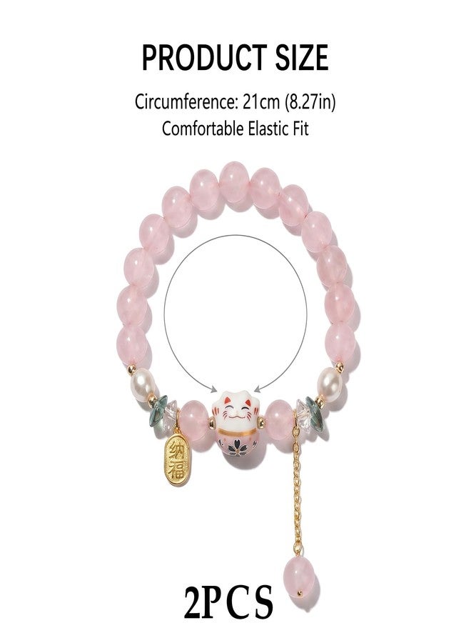 Bmpzery 2 Pcs Feng Shui Bracelet,Good Luck Bracelet Jewelry Decoration with Beads and Cat Pendant,Protection Bracelets for Women,Gifts for Women Birthday and Festival Jewelry Bracelets Decorations(Pink) - Image 2
