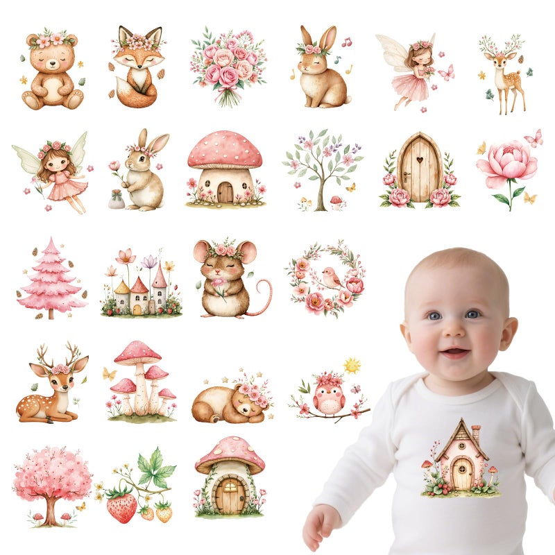 Wxiben Dtf Transfers Ready to Press - 24 Pcs Spring Baby Iron on Transfers for T-Shirts Floral Animals Fairy Heat Transfer Vinyl Decal Sticker Iron on Patches for Clothes Baby Shower Bodysuit Bag DIY - Image 1