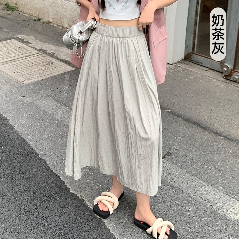 Skirt summer pleated half almond skirt high waist covering hip elegant long Japanese style overskirt wholesale Milk tea Ash