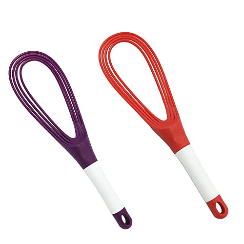 SEIWEI Kitchen Twist Whisk, 29CM Plastic Flat Balloon Whisk Thick Wire Egg Frother Beater Non Stick Cookware For Cooking Blending Whisking Stirring, Purple+Red - Image 1