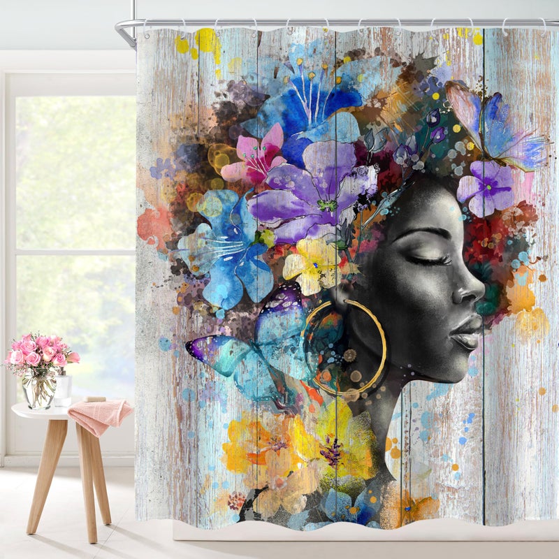 Cinbloo Black Girl Shower Curtain 60Wx72H African American Rustic Flower Black Woman Bathroom Curtain Set Colorful Floral Blossom Wooden Bath Curtain Fabric Afro Lady Bathroom Decor with 12 Hooks